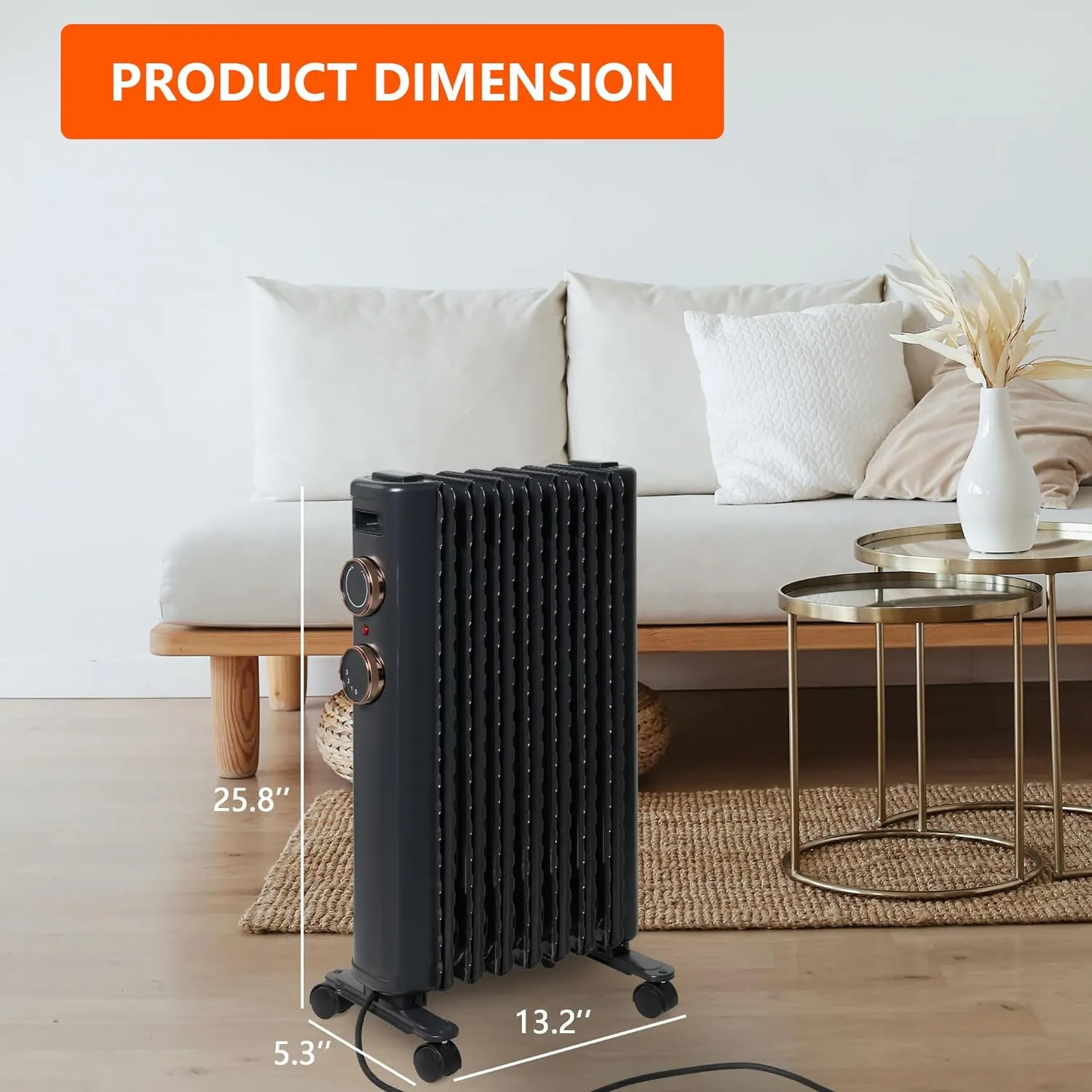 1500W Oil Filled Radiator Heater with Adjustable Thermostat, 3 Heating Modes