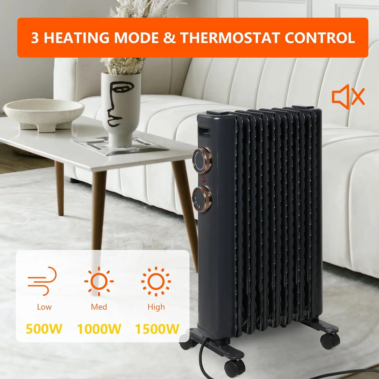 1500W Oil Filled Radiator Heater with Adjustable Thermostat, 3 Heating Modes