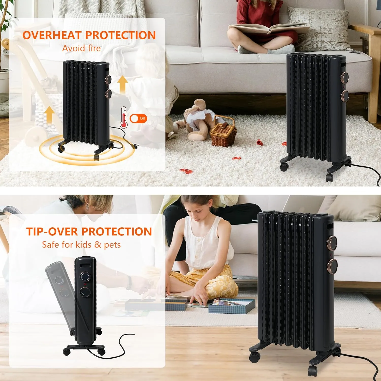 1500W Oil Filled Radiator Heater with Adjustable Thermostat, 3 Heating Modes