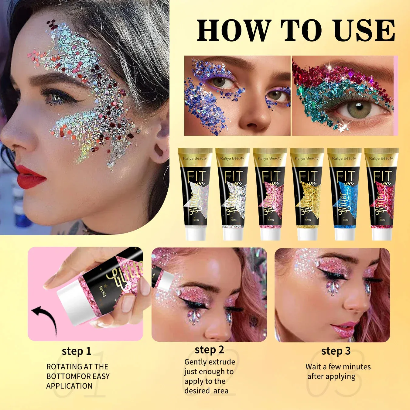 6 Glitter Gel For Face Hair & Stage Long Lasting Sparkle & Wash