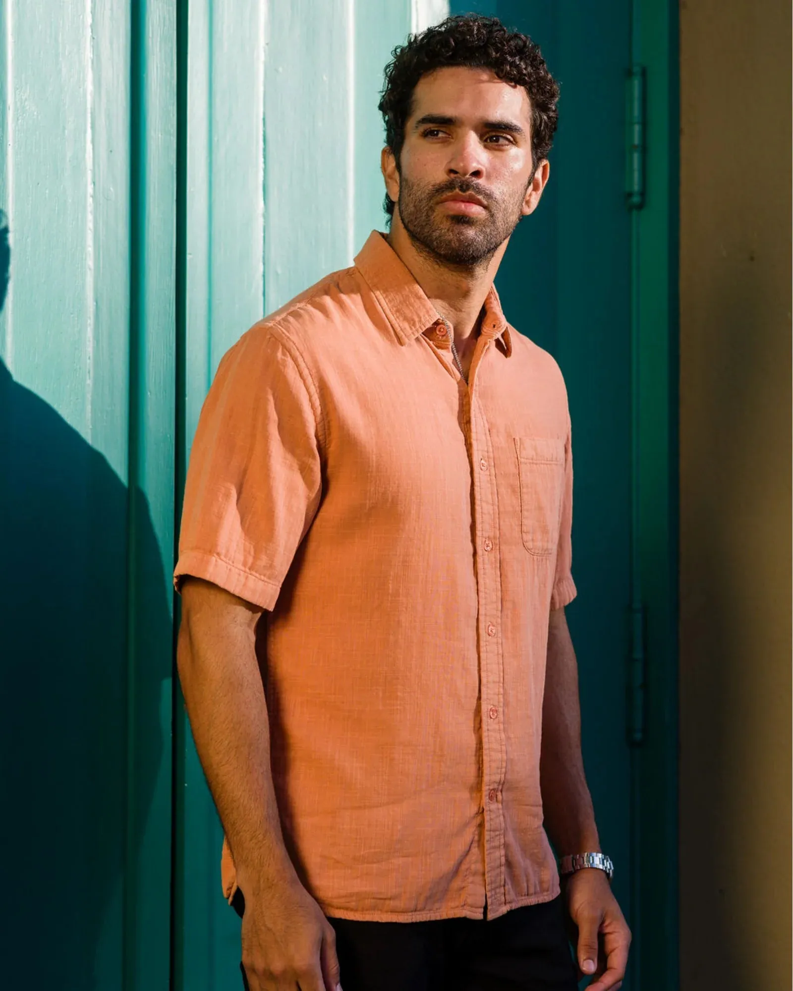 Ace Rivington Double Gauze Short Sleeve Tailored Shirt - Pigment Washed Coral